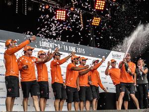 Team Alvimedica celebrates their Lorient in-port race win - Volvo Ocean Race 2015 photo copyright Kristi Wilson / Team Alvimedica taken at  and featuring the  class