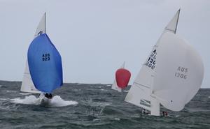 Matt Chew (923) and Cameron Miles (1306) riding the ocean swell in the 2013 Etchells Australasian Championship. photo copyright Tracey Johnstone taken at  and featuring the  class
