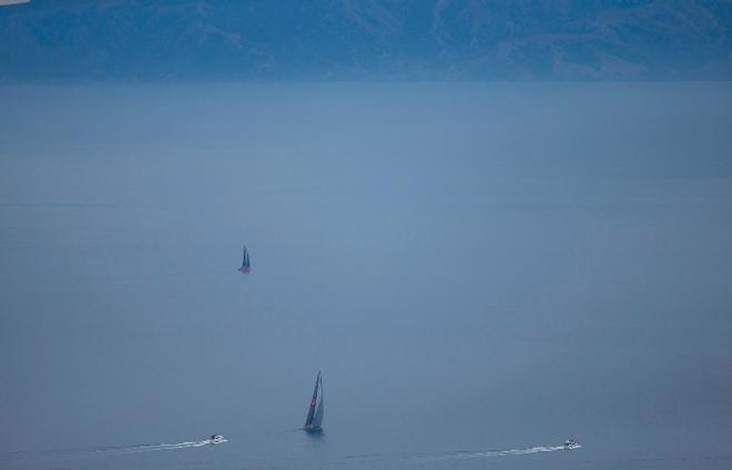 Misty farewell: Wild Oats XI pursues a lone catamaran while making a misty exit from Los Angeles in the race to Hawaii - 2015 Transpac Race © Sharon Green/ ultimatesailing.com http://www.ultimatesailing.com