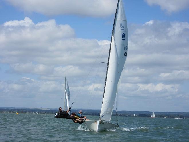 Fleet in action at Bosham Sailing Club - 2015 English National 18 Championships © Fiona MacFarlane