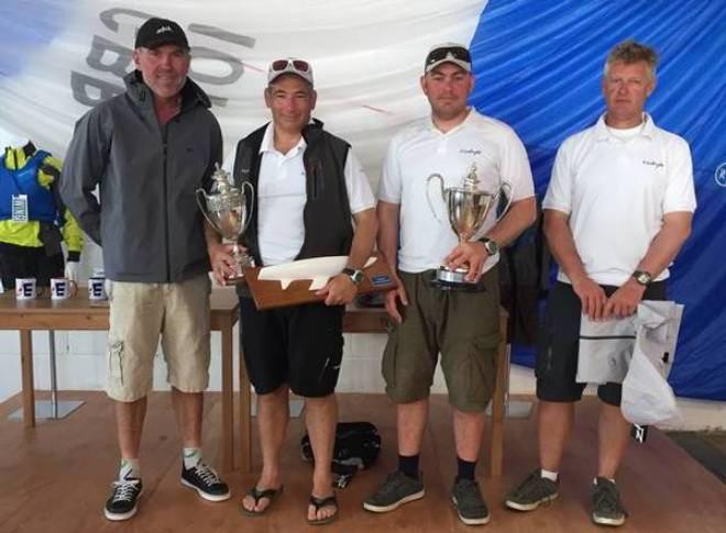 Left to right…Andrew Palfrey presented prizes to Shaun Frohlich, Duncan Truswell and David Bedford overall Winners - 2015 British Etchells National and Open Championship © Rob Goddard
