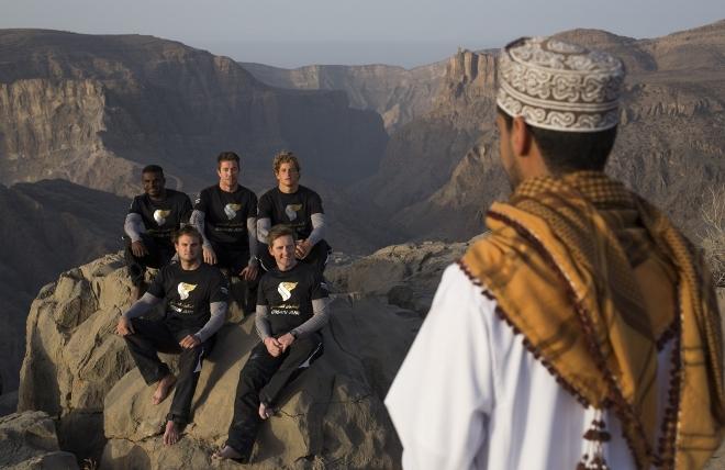 Oman Air - skipper Stevie Morrison (GBR), bowman Ali Al Balushi (OMA),trimmer Nic Asher (GBR), Ed Powys (GBR)and Ted Hackney (AUS) Shown here on the Jebel Akhdar mountain top - 2015 Extreme Sailing Series © Mark Lloyd http://www.lloyd-images.com