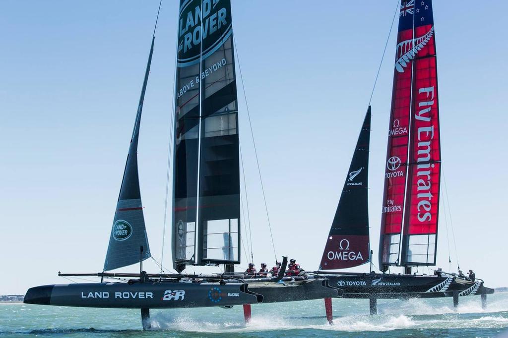 Land Rover BAR and Emirates Team NZ jousting on the Solent ahead of the ACWS Portsmouth © Mark Lloyd http://www.lloyd-images.com