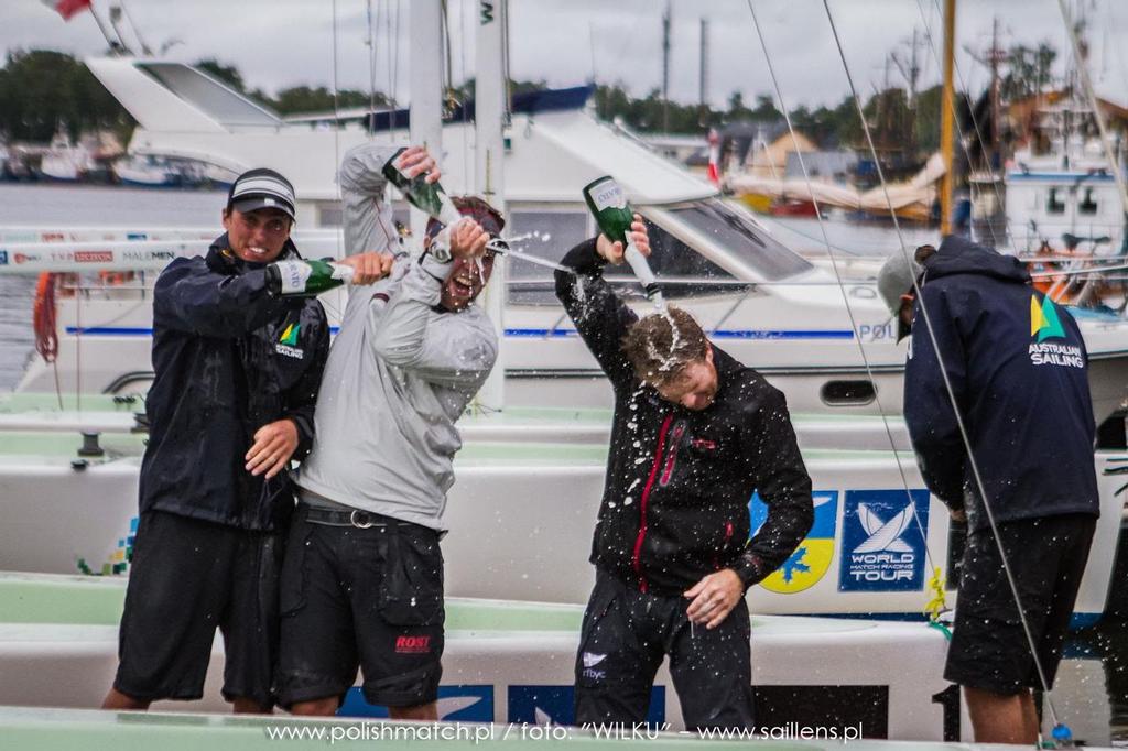 The boys celebrating on the dock after winning the final 2-0 - Dziwnow Match Race 2015 photo copyright  Wilku – www.saillens.pl taken at  and featuring the  class