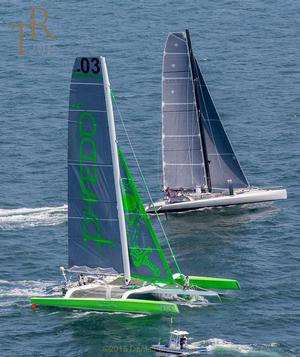 Lloyd Thornburg's Phaedo3 and Peter Aschenbrenner's Paradox start the Transatlantic Race 2015. photo copyright Daniel Forster / NYYC taken at  and featuring the  class