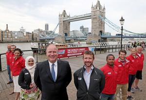 (centre) St Katharine Docks Marina Director William Bowman and Clipper Race Director Justin Taylor with Clipper 2015-16 Race crew.  (Left to Right) Brian Harlock; Matthew Ogg; Vanessa Jubenot; Noreen Rahman; Dhruv Boruah; Gavin Reid; Caroline Bowen; Stephen O’Connor. - 2015 Clipper Round the World Yacht Race photo copyright Clipper Ventures taken at  and featuring the  class