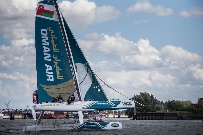 Act 5 - Hamburg. Oman Air skippered by Stevie Morrison (GBR) and crewed by Nic Asher (GBR), Ed Powys (GBR), Ted Hackney (AUS) and Ali Al Balushi (OMA)  - 2015 Extreme Sailing Series ©  Jesus Renedo http://www.sailingstock.com