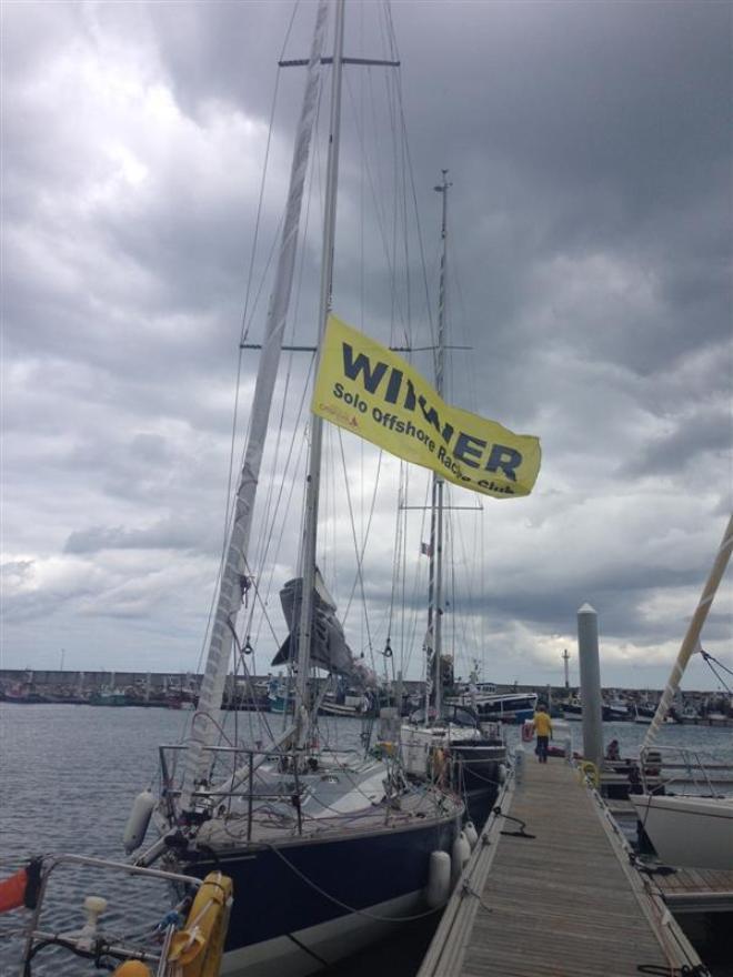 Rupert on Zest seemed to enjoy flying the yellow 'Winner' flag... - 2015 Channel Week Race © Solo Offshore Racing Club