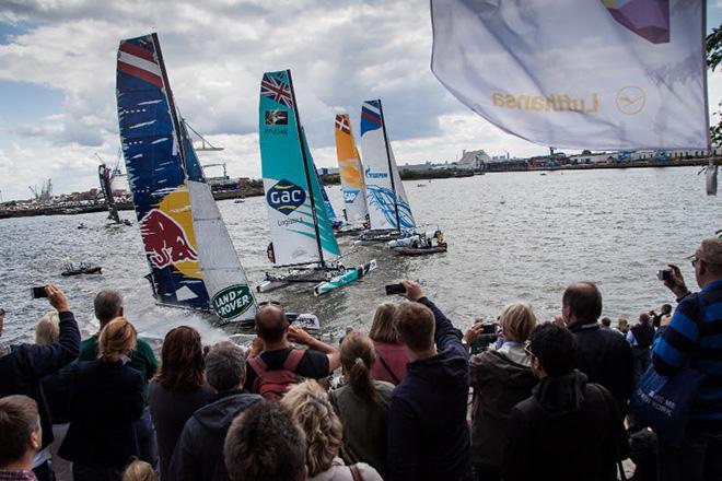 The Extreme 40 fleet sail in front of the crowds in Hamburg  ©  Jesus Renedo http://www.sailingstock.com