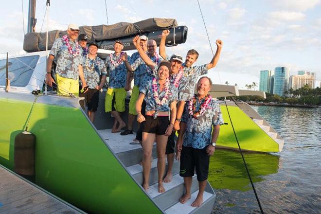 Extreme H2O crew celebrates being first multihull to finish at Hawaii YC ©  Sharon Green / Ultimate Sailing