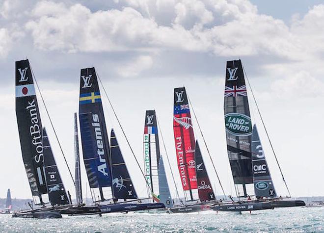 The six foiling AC45s line up on race day one © Lloyd Images