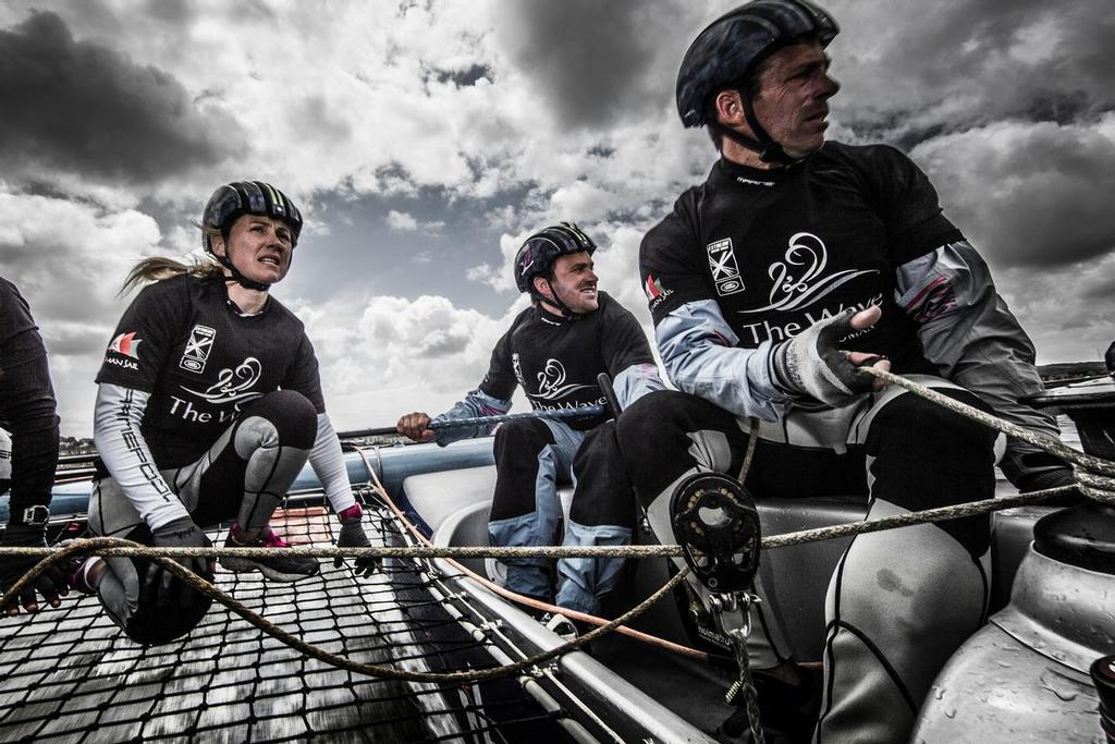 The Extreme Sailing Series 2015. Act 4 - Cardiff. UK<br />
The Wave, Muscat skippered by Leigh McMillan (GBR) and crewed by Sarah Ayton (GBR), Pete Greenhalgh (GBR), Ed Smyth (NZL), Nasser Al Mashari (OMA).<br />
 © Lloyd Images/Extreme Sailing Series