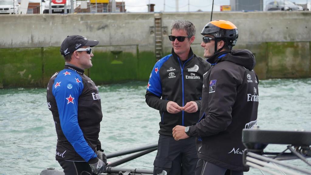 Skipper Glenn Ashby, Richard Meacham, Blair Tuke before sailing on race day one at the Louis Vuitton America's Cup World Series event in Portsmouth, UK photo copyright Hamish Hooper/Emirates Team NZ http://www.etnzblog.com taken at  and featuring the  class