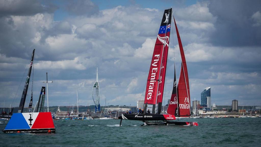Emirates Team New Zealand sailing on race day one at the Louis Vuitton America's Cup World Series event in Portsmouth, UK photo copyright Hamish Hooper/Emirates Team NZ http://www.etnzblog.com taken at  and featuring the  class