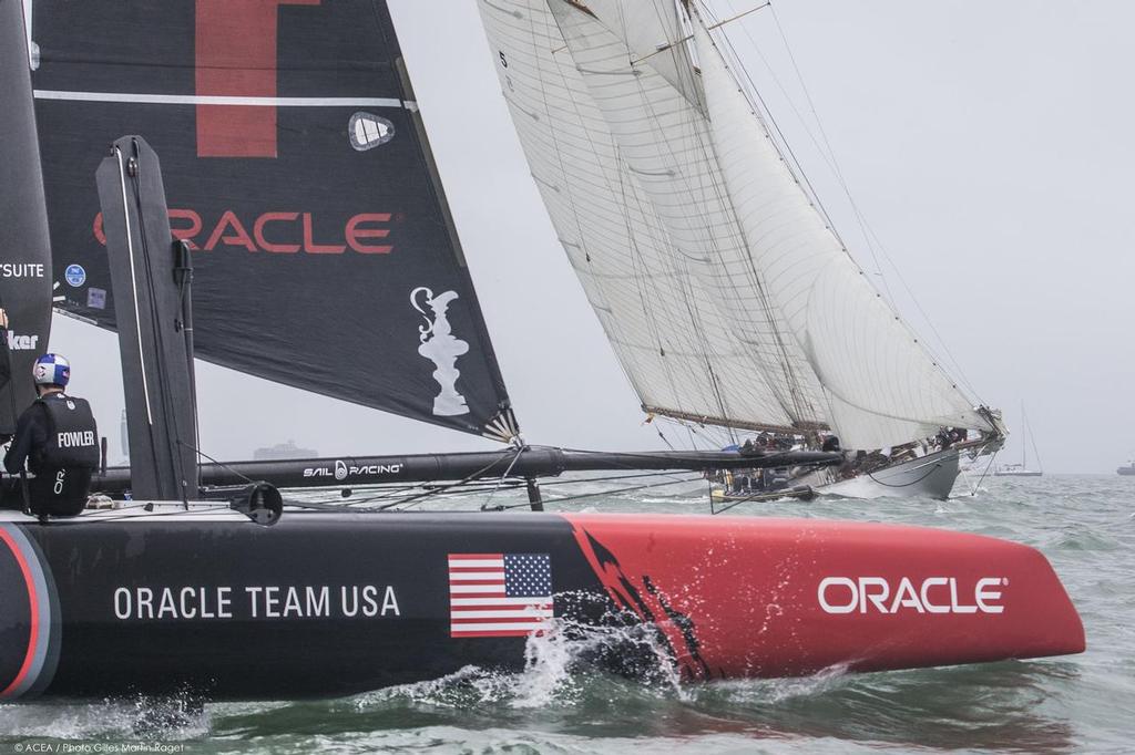 20/07/2015, Portsmouth (GBR), 35th America's Cup, Louis Vuitton America's Cup World Series Portsmouth 2015, Training Day 1, ORACLE Team USA meet Mariquita photo copyright ACEA /Gilles Martin-Raget taken at  and featuring the  class