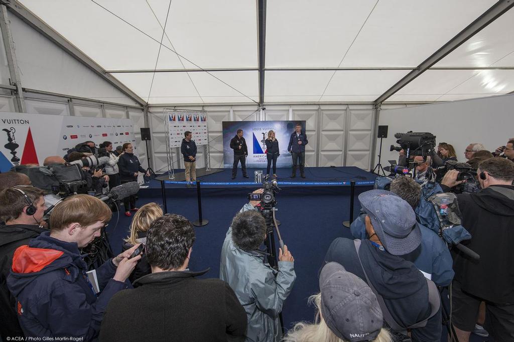 26/07/2015, Portsmouth (GBR), 35th America's Cup, Louis Vuitton America's Cup World Series Portsmouth 2015, Race Day2, Racing Cancellation announcement to the press photo copyright ACEA /Gilles Martin-Raget taken at  and featuring the  class