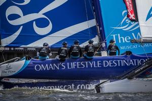 Act 5 - Hamburg. The Wave, Muscat skippered by Leigh McMillan (GBR) and crewed by Sarah Ayton (GBR), Pete Greenhalgh (GBR), Ed Smyth (NZL), Nasser Al Mashari (OMA) - 2015 Extreme Sailing Series photo copyright  Jesus Renedo http://www.sailingstock.com taken at  and featuring the  class