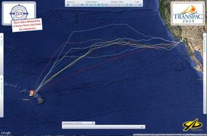 Arc-like tracks of the Division winners, showing their deviation from rhumb line, and the long northward track of Ragamuffin 100 - 2015 Transpac photo copyright Transpacific Yacht Club taken at  and featuring the  class