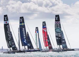 The six foiling AC45s line up on race day one photo copyright Lloyd Images taken at  and featuring the  class