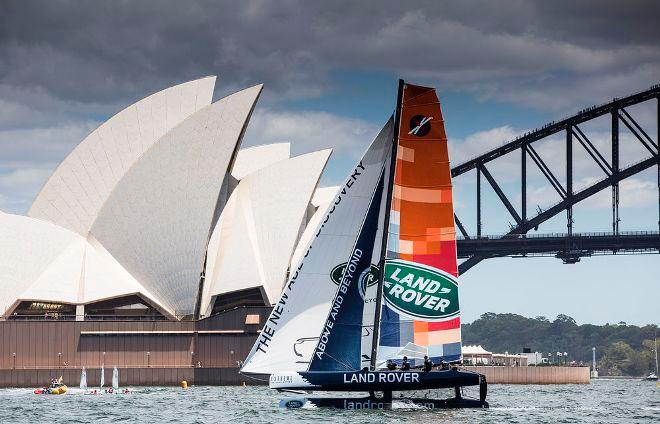 Land Rover Sailing Team infront of Sydney Opera House - In 2016 the fleet will race close to shore in iconic stadiums around the world - 2015 Extreme Sailing Series © Lloyd Images