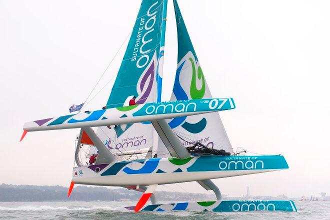 Musandam-Oman Sail fly across the Solent as they come into the finish to take the race win - 2015 Artemis Challenge © Lloyd Images