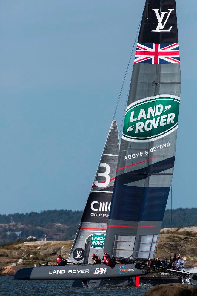 Land Rover BAR sail close to shore in race one - 2015 America's Cup World Series © Lloyd Images