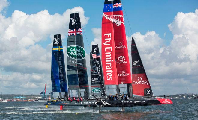 The fleet during the first reach, race one - 2015 America's Cup World Series © Lloyd Images
