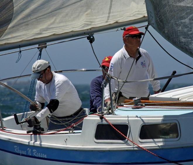 Crew of Cal 25, Rhyme N Reason, with skipper Bob Anderson (on right) on their way to finishing second - 2015 Cal 25 National Championship © Rick Roberts 