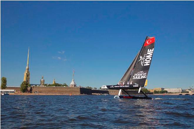 Team Turx flys a hull past the Peter and Paul fortress in Saint Petersburg - 2015 Extreme Sailing Series © Mikhail Boyarskov