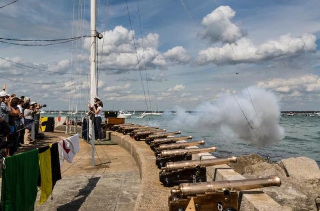 Cannons fired from the Royal Yacht Squadron in Cowes mark the start.The club is celebrating its bicentenary. - 2015 Rolex Fastnet Race ©  Rolex/ Kurt Arrigo http://www.regattanews.com