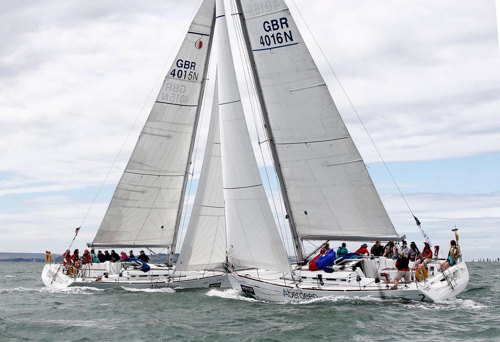 Close action in the Sunsail Match First 40 class during Aberdeen Asset Management Cowes Week Day 2 on August 09, 2015 in Cowes, England. photo copyright  Alan Crowhurst / Getty Images http://www.gettyimages.com/ taken at  and featuring the  class