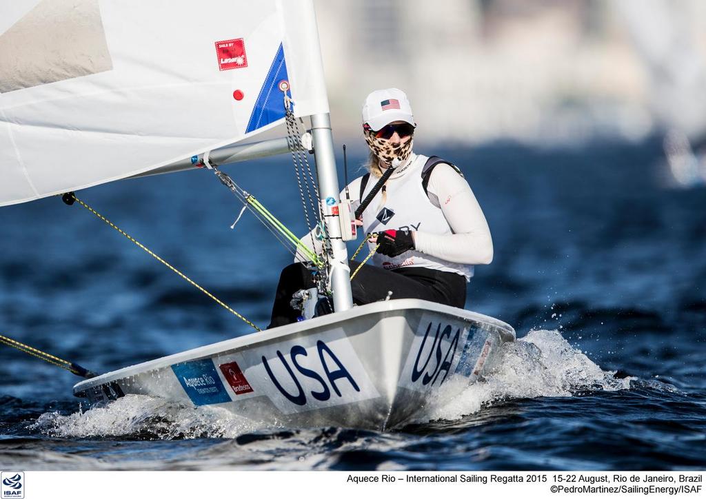 Paige Railey (USA) with a face mask on Day 1 of the Laser Radial competition in Rio de Janeiro photo copyright Sailing Energy/ISAF taken at  and featuring the  class