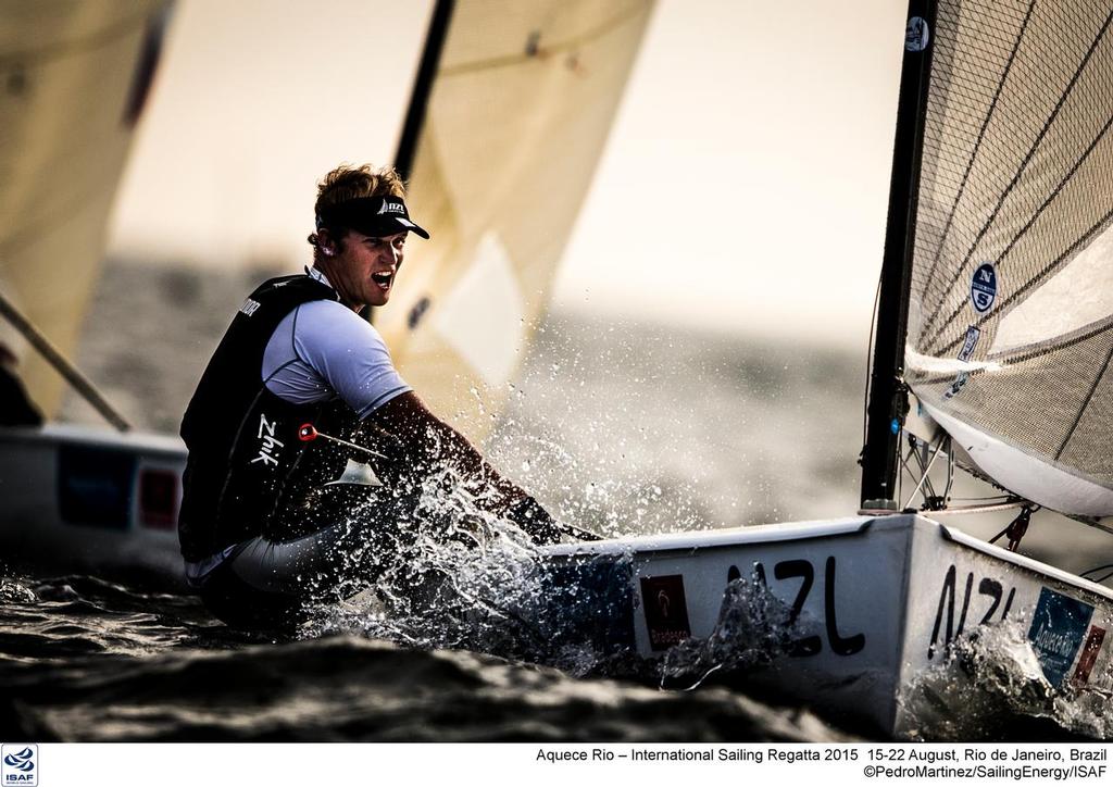 Josh Junior competing in the Finn class on day 5 of the 2015 Pre-Olympic regatta in Rio de Janeiro © Yachting NZ/Sailing Energy http://www.sailingenergy.com/