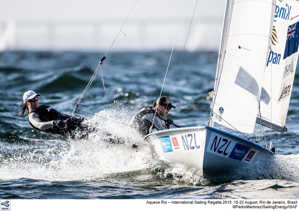 Jo Aleh and Polly Powrie are tightlipped as they dip through a sea in the Medal race for the Womens 470 © Yachting NZ/Sailing Energy http://www.sailingenergy.com/
