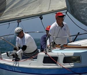Crew of Cal 25, Rhyme N Reason, with skipper Bob Anderson (on right) on their way to finishing second - 2015 Cal 25 National Championship photo copyright Rick Roberts  taken at  and featuring the  class