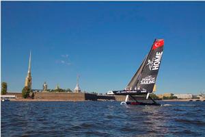 Team Turx flys a hull past the Peter and Paul fortress in Saint Petersburg - 2015 Extreme Sailing Series photo copyright Mikhail Boyarskov taken at  and featuring the  class
