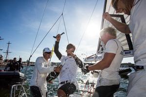 Nicolai Sehested and his TREFOR Match Racing team celebrates after winning the race - 2015 Energa Sopot Match Race photo copyright  Robert Hajduk / WMRT taken at  and featuring the  class