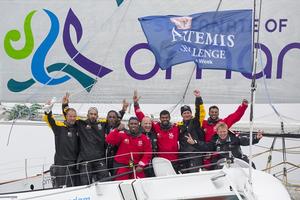 Oman Sail - Musandam team celebrating line honours at the 2015 Artemis Challenge photo copyright Mark Lloyd http://www.lloyd-images.com taken at  and featuring the  class