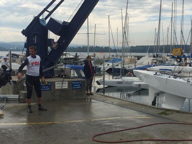 Mateusz Kusnierewicz lifting his boat after QF, he was the first one excluded from Semis, he and crew Dominik Zycky end the SSL Lake Grand Slam 2015 8th! © Star Sailors League http://starsailors.com/