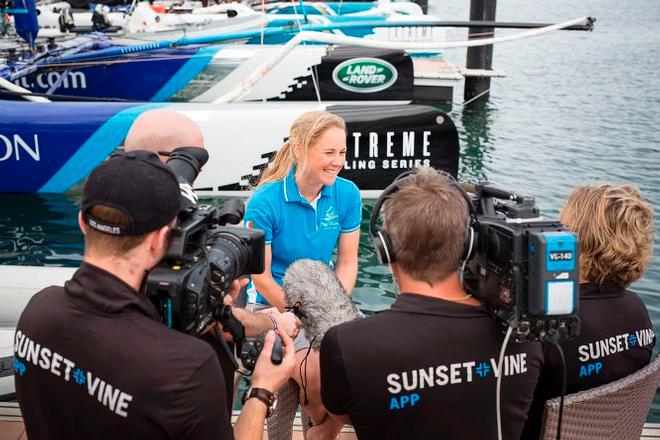 Sarah Ayton, tactician on The Wave, Muscat, during a dockside interview with Sunset+Vine APP - 2015 Extreme Sailing Series © Lloyd Images