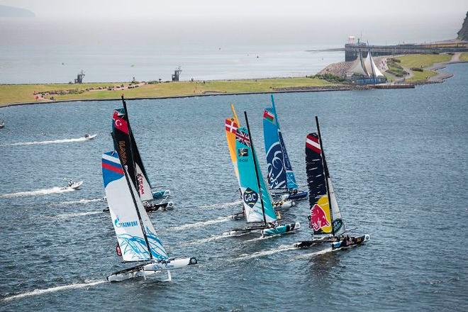 A spectacular sight as the Extreme 40 fleet race full speed upwind in Cardiff. - Act 4, Cardiff 2015 - Day two - 2015 Extreme Sailing Series © Lloyd Images