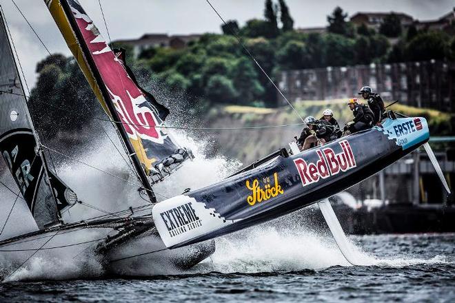 Red Bull Sailing Team avoid a capsize on the final day's racing in Cardiff Bay, Wales. - Act four, Cardiff 2015 - Day four - 2015 Extreme Sailing Series © Lloyd Images