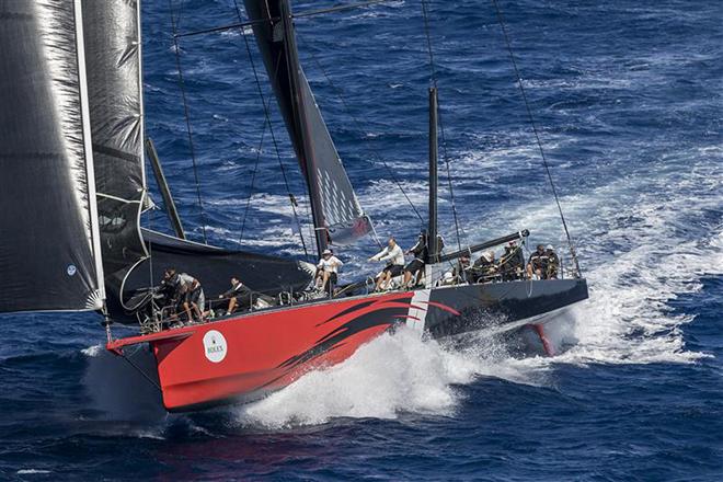 Jim Clark's 100ft Comanche (USA) was first back to Porto Cervo after tearing around the 38 nautical mile coastal race ©  Rolex / Carlo Borlenghi http://www.carloborlenghi.net
