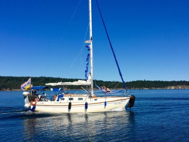 Blue Rose’s big kelp anchor salad. Note PCCR Commodore Ken Christie hard at work in the bow hammock! - 2015 Peterson Cup Cruising Rally © Bluewater Cruising Association