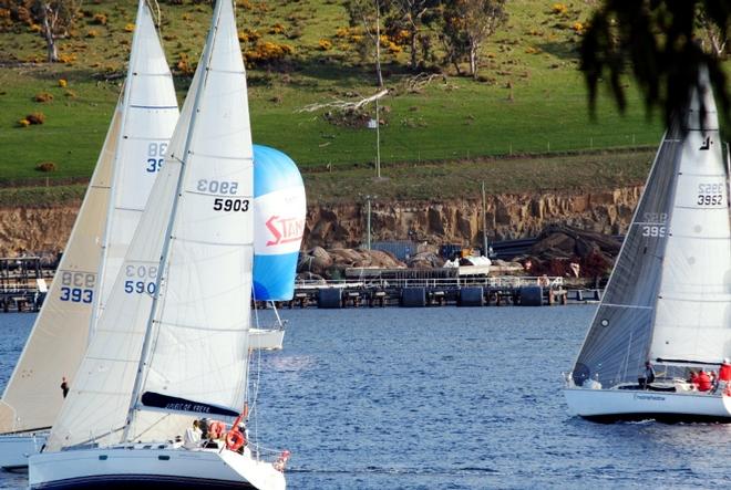 Spirit of Freya (sail # 5903) duelling with Moonshadow (3952) and Wing THree (3938) in the Cock of the Huon race. - 2015 Pipe Opener Series ©  Peter Campbell