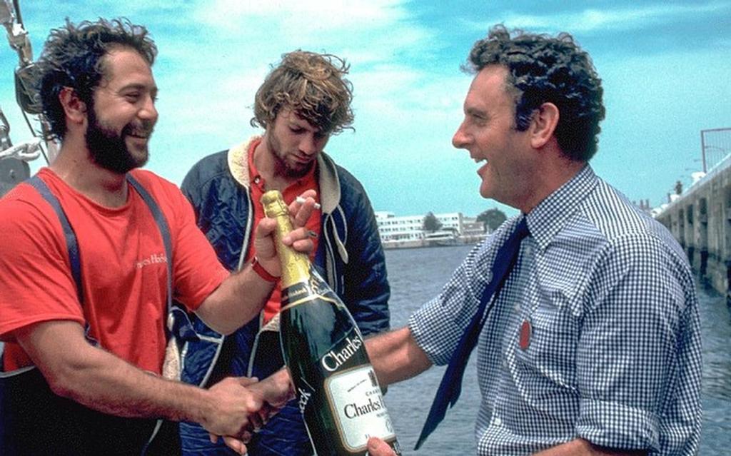 Alain Gabbay, skipper of Charles Heidsieck III, welcomed to Mar del Plata by Rear Admiral Charles Williams at the 1981/82 Whitbread Round The World Yacht Race © SW