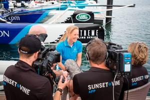 Sarah Ayton, tactician on The Wave, Muscat, during a dockside interview with Sunset+Vine APP - 2015 Extreme Sailing Series photo copyright Lloyd Images taken at  and featuring the  class