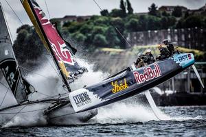 Red Bull Sailing Team avoid a capsize on the final day's racing in Cardiff Bay, Wales. - Act four, Cardiff 2015 - Day four - 2015 Extreme Sailing Series photo copyright Lloyd Images taken at  and featuring the  class