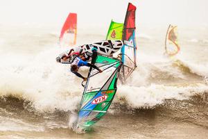 Professional windsurfer Florian Jung wave riding, day 4 at the KIA Cold Hawaii PWA World Cup 2015 photo copyright Cold Hawaii World Cup taken at  and featuring the  class