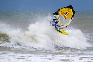 Professional windsurfer Marcilio “Brawzinh” Browne wave riding, day 4 at the KIA Cold Hawaii PWA World Cup 2015 photo copyright Cold Hawaii World Cup taken at  and featuring the  class